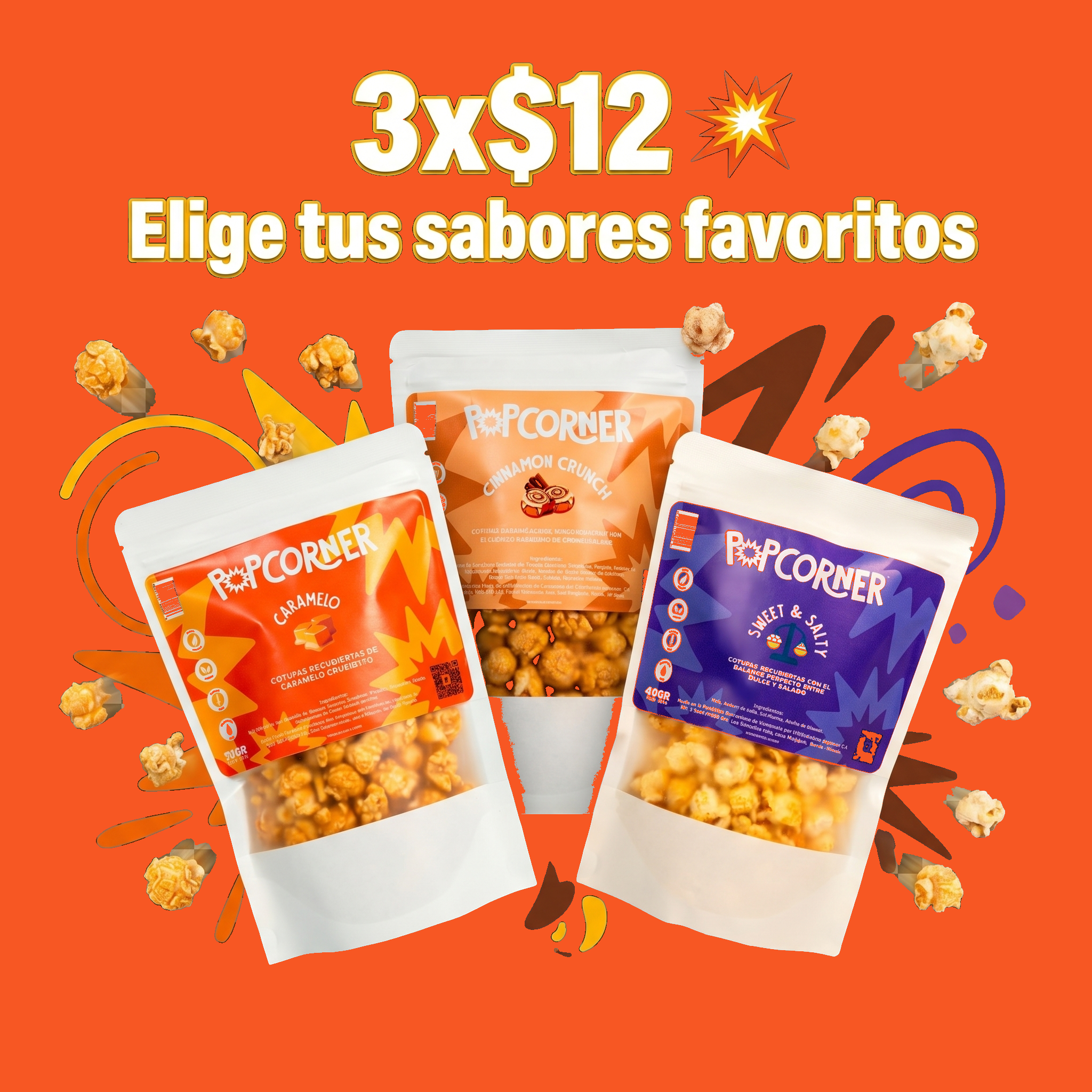 Promo 3×12 — tres bolsas de PopCorner a elegir